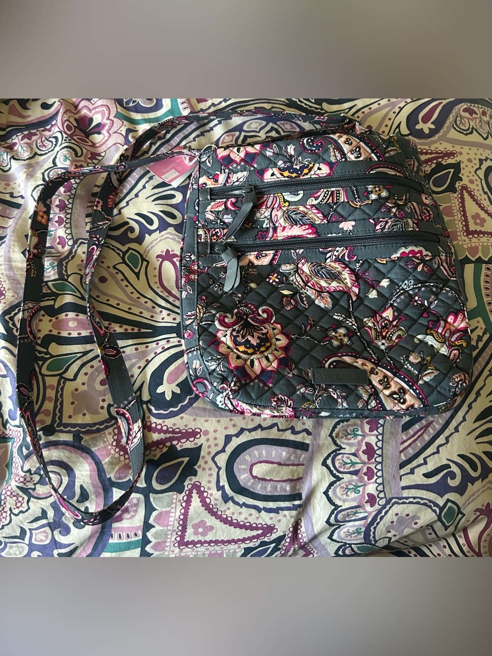 Vera Bradley Quilted Crossbody in Charcoal with Pink & Cream Paisley